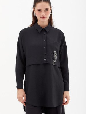 Siyah Boncuk Nakışlı Tunik