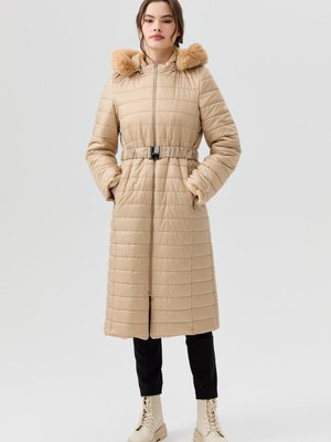 Kürklü Kapüşonlu Kapitone Kaban Bej