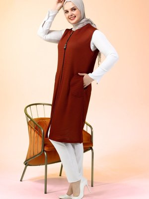 Kadin Tesettur Giyim Uzun Yazlik Cepli Fermuarli Yelek Kiremit