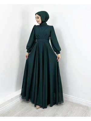 Kruvaze Yaka Şifon Abiye Elbise