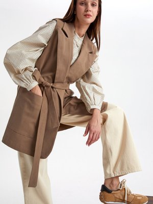 Koyu Bej Pamuklu Ceket Yakalı Kuşaklı Uzun Yelek