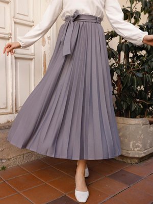 Kuşak Detaylı Piliseli Etek Gri