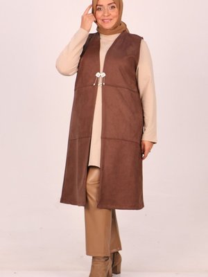 Kahverengi Büyük Beden Parçalı Nubuk Yelek