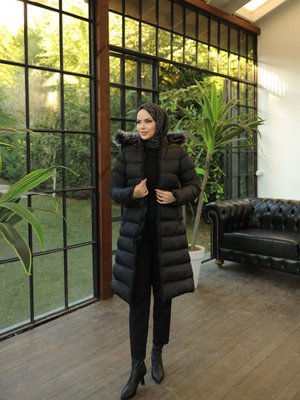 Kapüşonlu Fermuarlı Şişme Mont