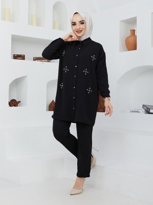 Siyah Rengi Keten Gömlek Yaka Düğmeli Alt Üst Takım