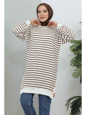 Kahverengi Yan Yırtmaçlı Çizgili Tunik