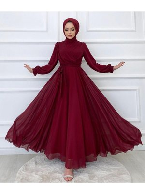 Tesettur Krep Kumaş Kruvaze Yaka Abiye Elbise