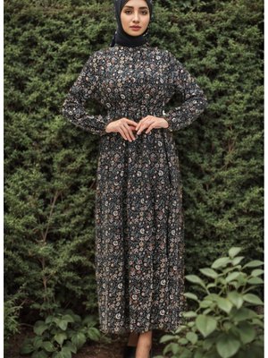 Desenli Viskon Elbise Lacivert