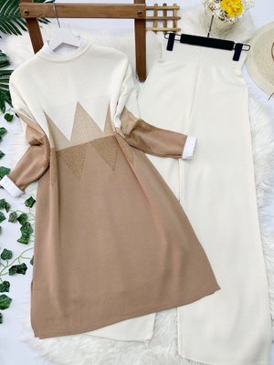 Zikzak Triko Tunik Pantolon Takım Camel