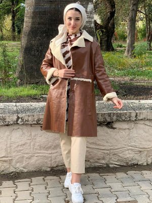 Kahve Uzun Deri İçi Kürklü Kaban