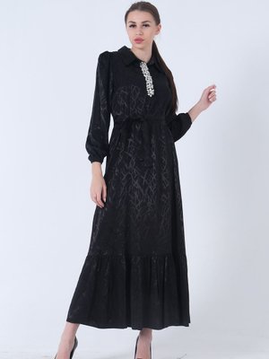 Siyah Hakim Yaka Kemer Detaylı Abiye Elbise Siyah Hakim Yaka Kemer Detaylı Abiye Elbise