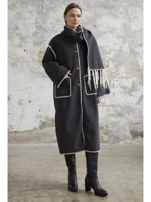 Antrasit Atkılı Cepli Kaşe Uzun Ceket