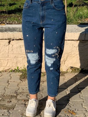 Koyu Mavi Serpme Çakma Taşlı Denim Pantolon