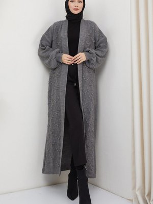 Kiraz Desenli Uzun Triko Hırka Füme