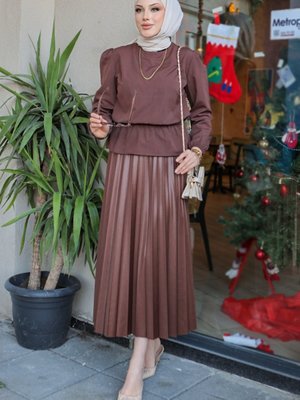 Deri Görünümlü Piliseli Etek 736 - Kahve