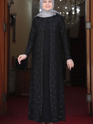 Siyah Desenli Papatya Şık Elbise