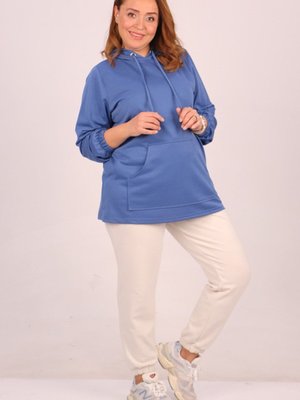 İndigo Büyük Beden Kapüşonlu İki İplik Kısa Tunik