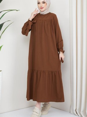 Robalı Kol Ucu Bağlamalı Elbise Kahverengi