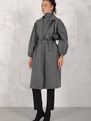 Antrasit Kuşaklı Balon Kol Kaşe Kaban