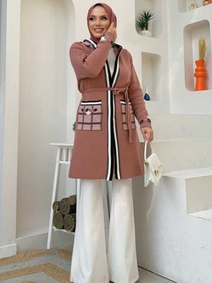 Nakış İşlemeli Kapişonlu Triko Hırka Gül Kurusu