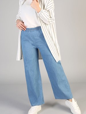 Mavi Bel Lastikli Bol Pantolon