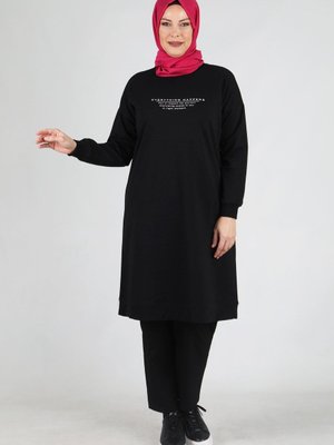 Büyük Beden Ara Boy İki İplik Spor Tunik Siyah