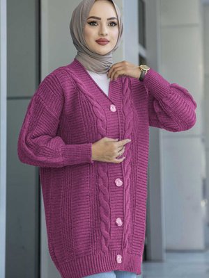 Triko Düğmeli Saç Örğülü Hırka Fuşya