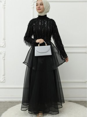 Yakası Lastikli Kuşaklı Pullu Tül Abiye Elbise Yakası Lastikli Kuşaklı Pullu Tül Abiye Elbise