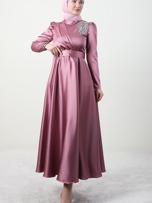 Omzu Taşlı Saten Abiye Elbise Koyu Pembe