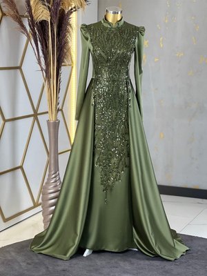 Kuyruklu Damla Abiye Elbise Fıstık Yeşili