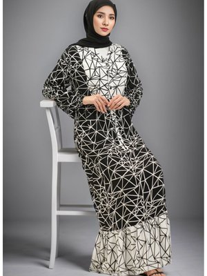 Desenli Viskon Elbise Siyah Beyaz
