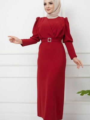 Önü Çapraz Detay Balon Kol Kalem Elbise Kırmızı