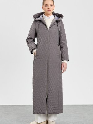 Kapüşonlu Kapitone Manto Gri