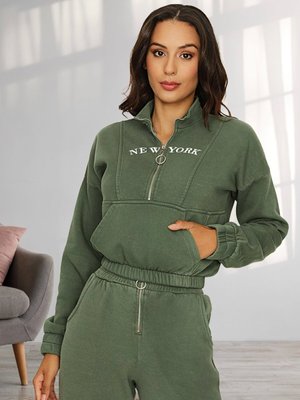 Yeşil Yarım Fermuarlı Beli Lastikli Crop Sweatshirt