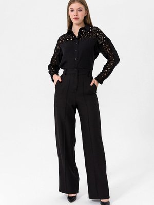 Siyah Çimalı Geniş Paça Yüksek Bel Kumaş Pantolon