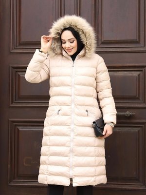 Kapüşonlu Fermuarlı Şişme Mont Bej