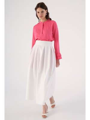 Beyaz Rahat Kalıp Pileli Fermuarlı Etek