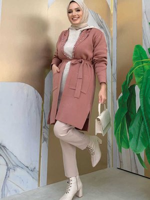 Yaka İnci Detay Bel Kuşaklı Triko Hırka Gül Kurusu