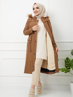 Kadın İçi Kürklü Bondit Kumaş Su Geçirmez Kışlık Mont Fermuarlı Özaltay