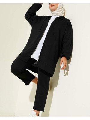 Pamuklu İkili Eşofman Takımı Kapüşonlu Fermuarlı Ön Cepli Slim Fit