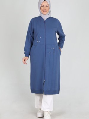 İndigo Büyük Beden Nervürlü Taş İşlemeli İki İplik Kap