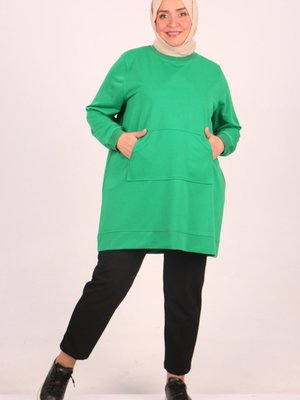 Benetton Büyük Beden Kanguru Cepli Ribanalı İki İplik Tunik