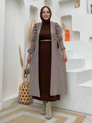 İncil Püskül Detay Desenli Triko Hırka Vizon