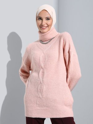 Pudra Boğazlı Yaka Saç Örgülü Triko Tunik