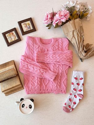 Pembe Örgülü Crop Kazak