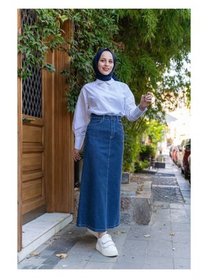 Doğal Kumaşlı Kontrast Dikişli Kot Etek İndigo