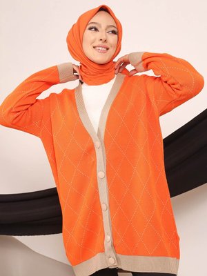 Orange Modest Düğmeli Desenli Triko Hırka