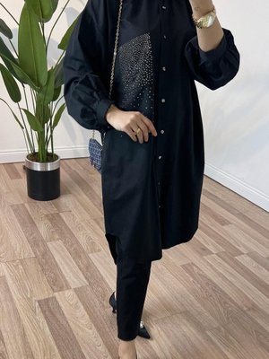 Cep Detay Taşlı Gömlek Siyah