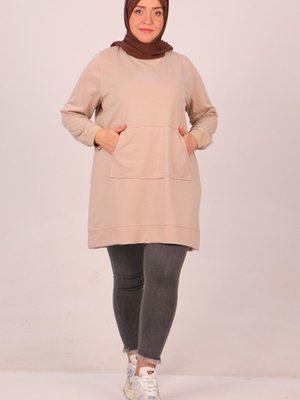 Bej Büyük Beden Kanguru Cepli Ribanalı İki İplik Tunik