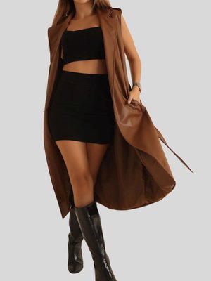 Taba Kuşaklı Kruvaze Yaka Uzun Deri Yelek